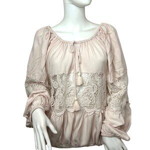 Free People. Blouse S/P Pink, Lace Tassels Balloon Long Sleeve Loose Fit Classic